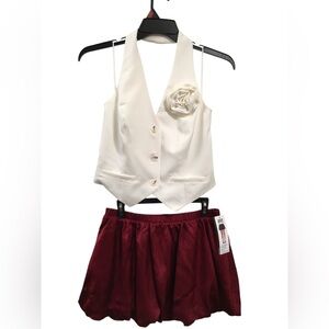 Off-White/Ivory Vest with Wine Red Satin Bubble Skirt